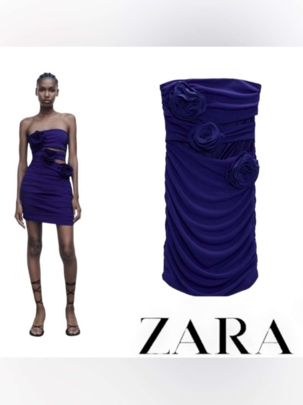Zara Strapless Mini Dress in Royal Blue with Rosette Flowers small NWT